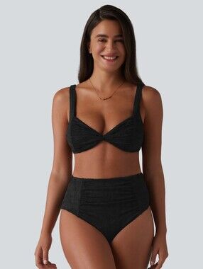 HALARA Adjustable Straps Twisted Ruched Tummy Control Jacquard Bikini Set Large